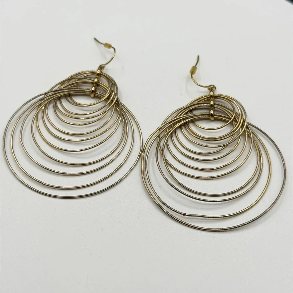Gold Tone Concentric Multi Hoop Chandelier Earrings Oversized Dangle Statement